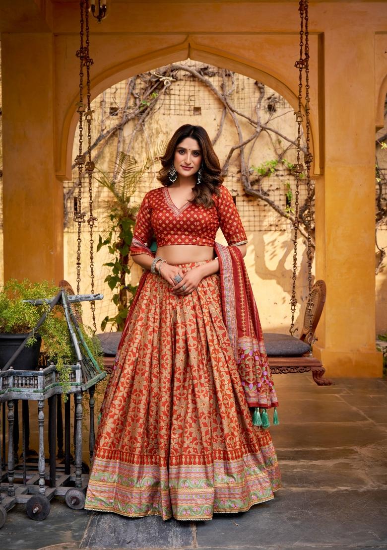 Orange Lace Work Silk Blend Lehenga Set - Indya