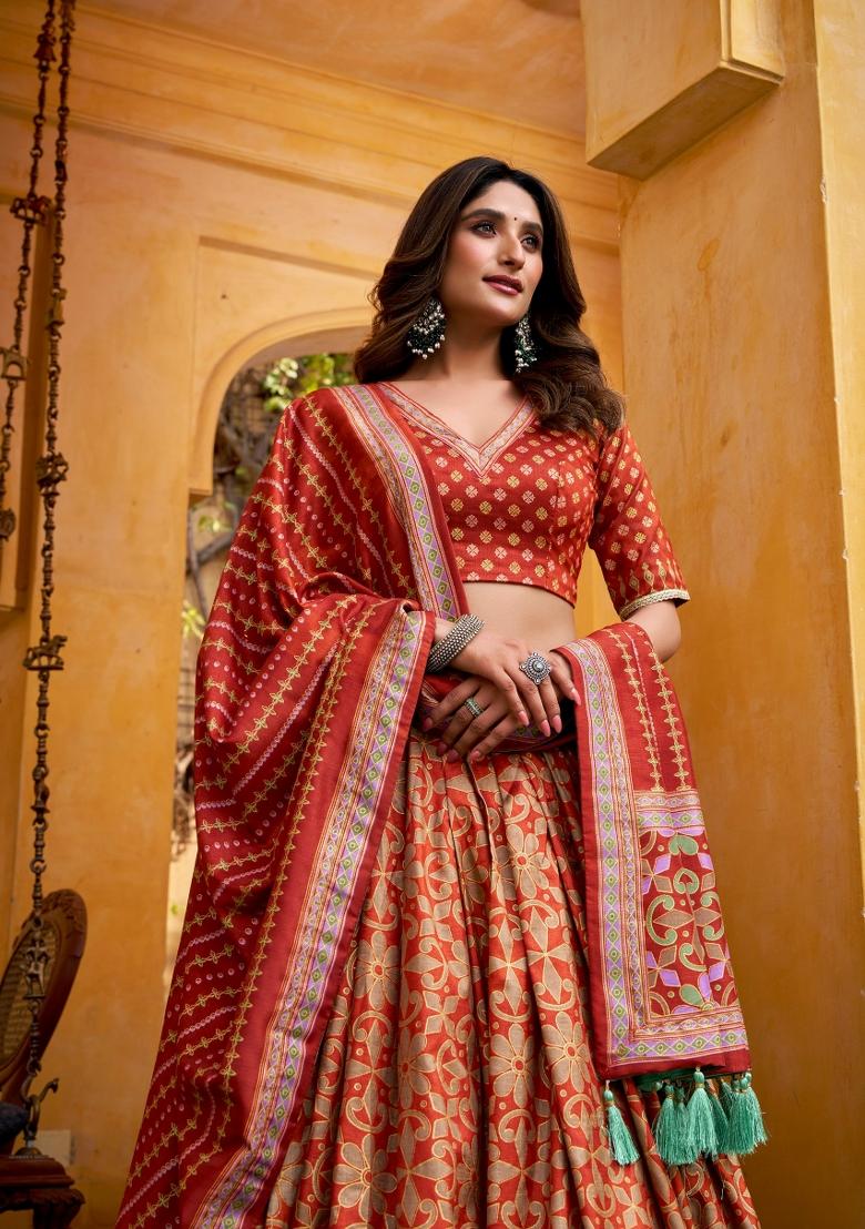 Orange Lace Work Silk Blend Lehenga Set - Indya