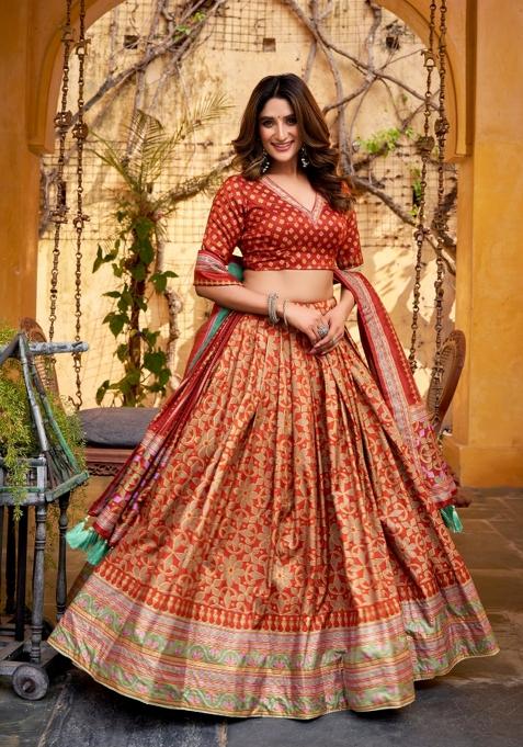 Orange Lace Work Silk Blend Lehenga Set