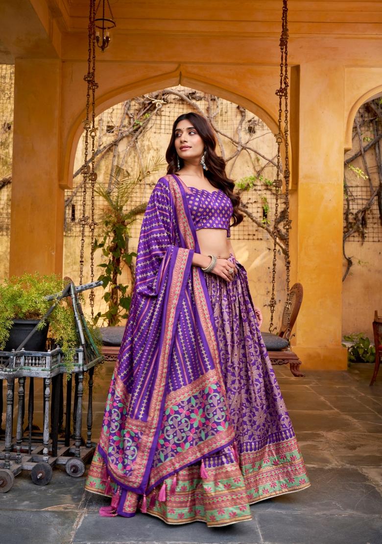 Purple Lace Work Silk Blend Lehenga Set - Indya