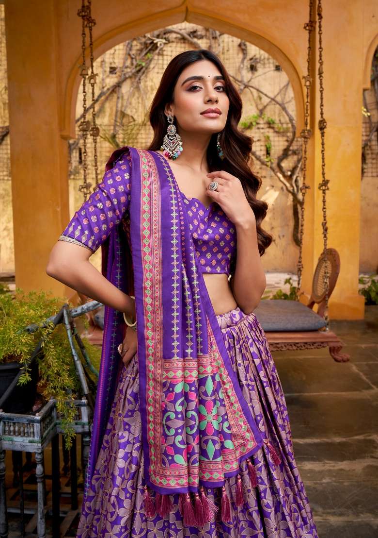 Purple Lace Work Silk Blend Lehenga Set for Diwali | Wedding & Festive Wear - Indya