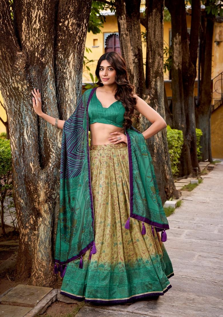 Firozi Printed Silk Blend Lehenga Set - Indya