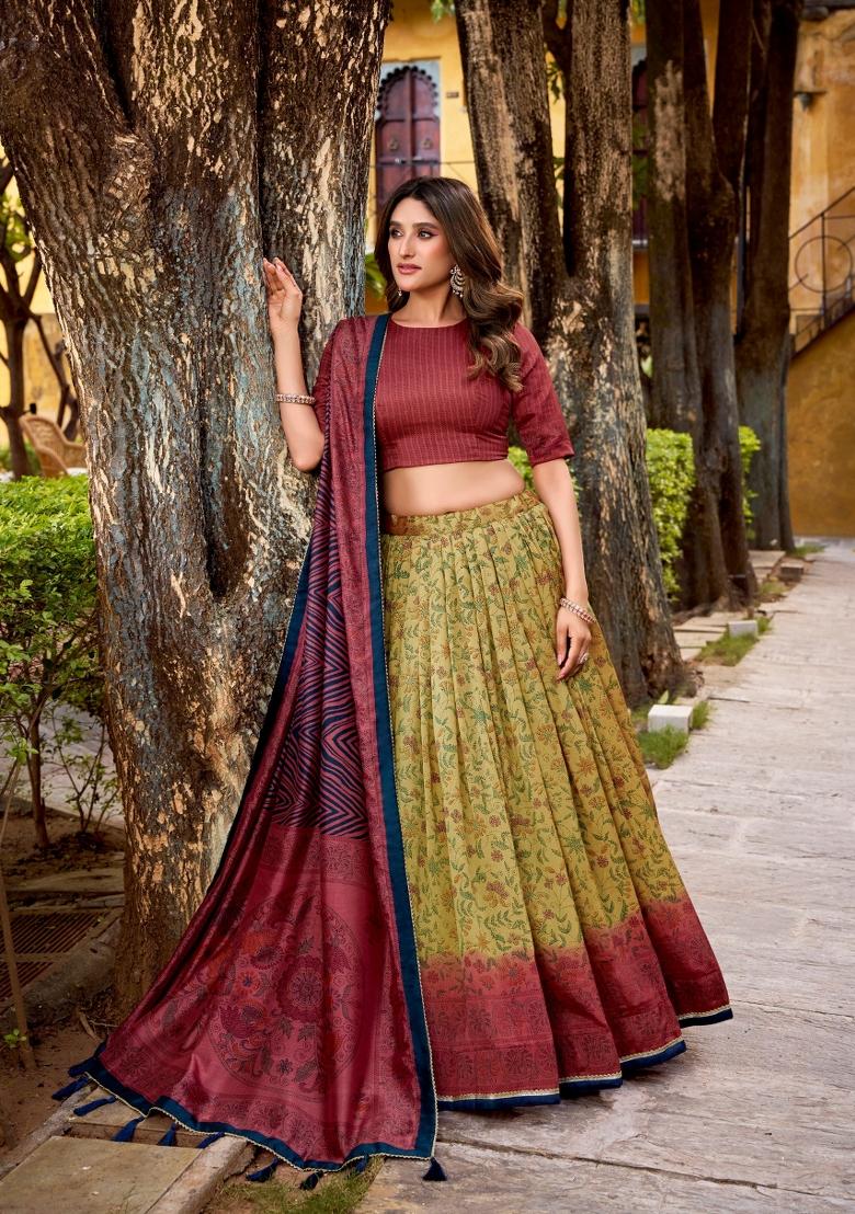 Maroon Printed Silk Blend Lehenga Set - Indya