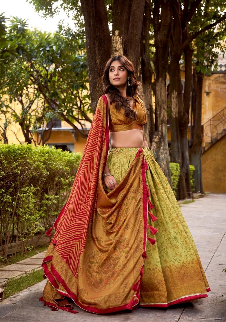 Mustard Printed Silk Blend Lehenga Set - Indya