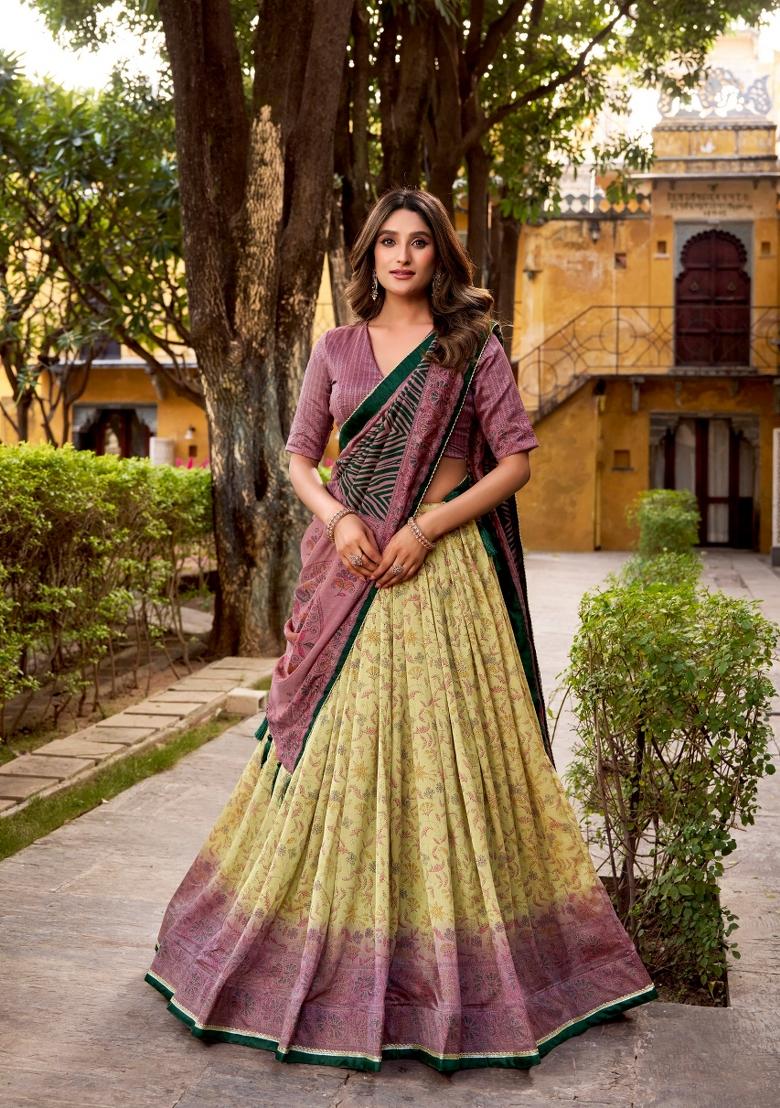 Wine Printed Silk Blend Lehenga Set - Indya