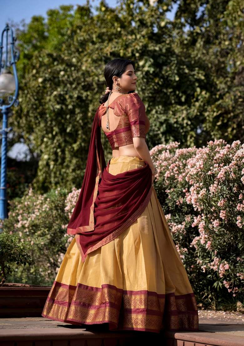 Cream Zari Work Cotton Lehenga Set for Diwali and Festive Wear - Indya