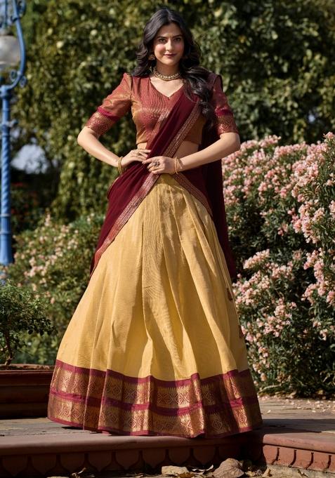 Cream Zari Work Cotton Lehenga Set