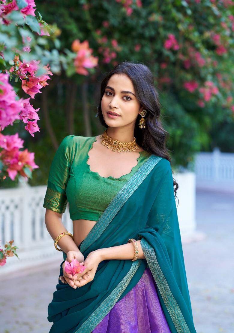 Lavender Zari Work Cotton Lehenga Set - Indya