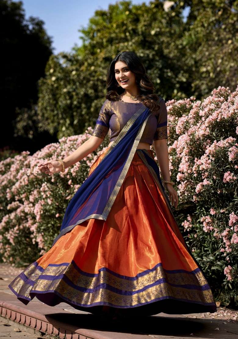 Orange Cotton Lehenga Set with Zari Work for Diwali | Wedding & Festive Wear - Indya