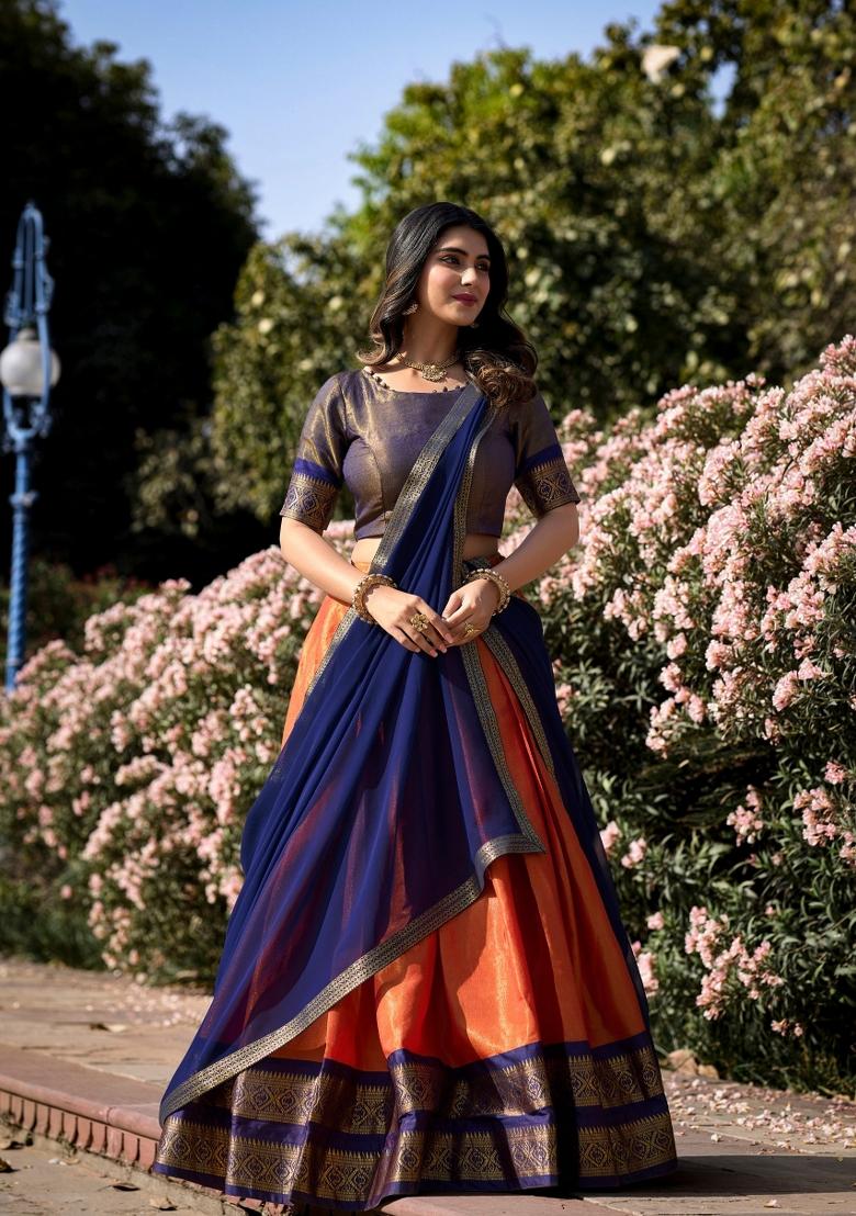 Orange Zari Work Cotton Lehenga Set - Indya