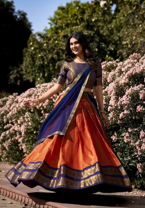 Orange Zari Work Cotton Lehenga Set