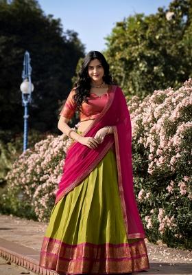 Pista Zari Work Cotton Lehenga Set