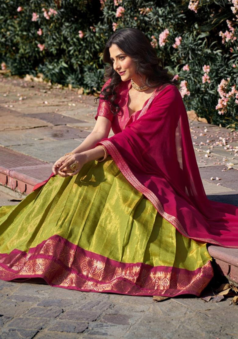Pista Zari Work Cotton Lehenga Set - Indya
