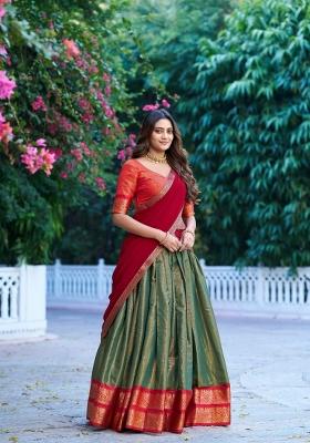 Sea Green Zari Work Cotton Lehenga Set