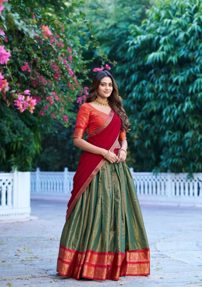 Sea Green Zari Work Cotton Lehenga Set for Diwali and Festive Wear - Indya