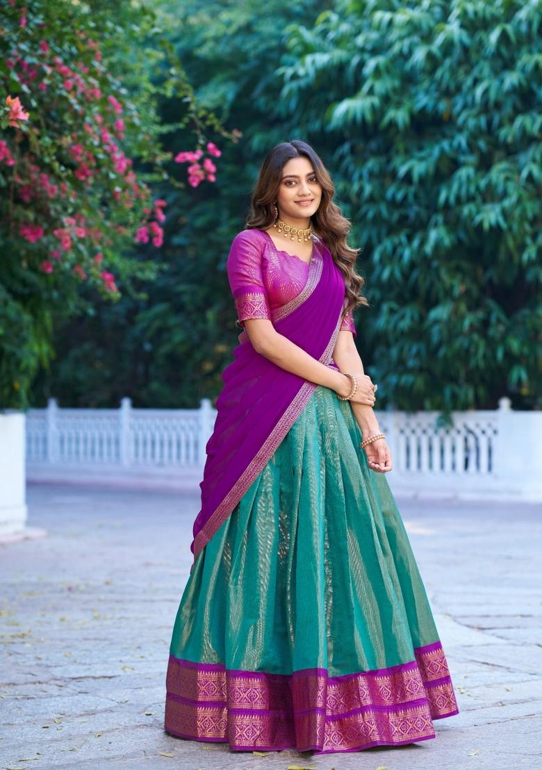 Teal Zari Work Cotton Lehenga Set - Indya