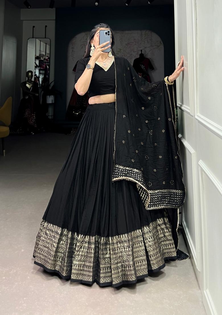 Black Zari Work Cotton Lehenga Set - Indya