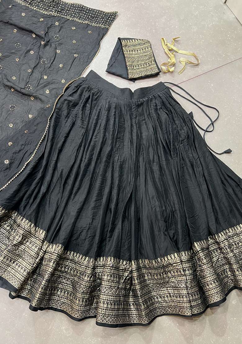 Black Cotton Lehenga Set with Zari Work for Diwali | Wedding & Festive Wear - Indya