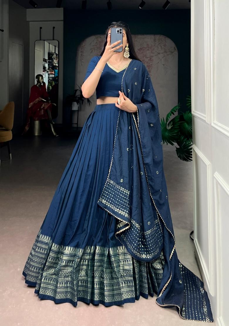 Blue Zari Work Cotton Lehenga Set - Indya