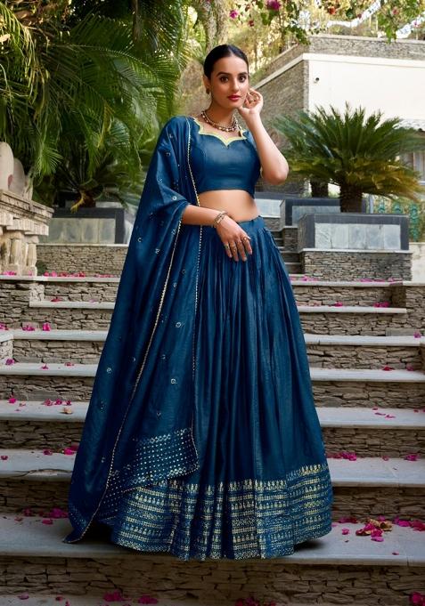Blue Zari Work Cotton Lehenga Set