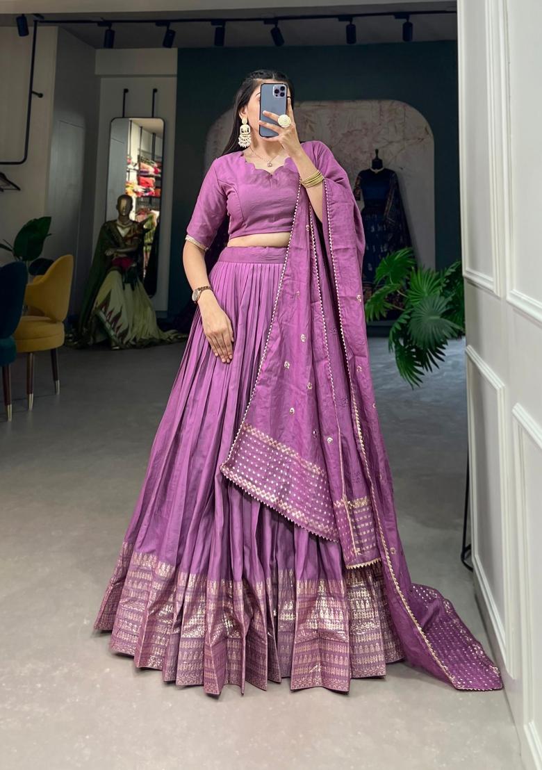 Lavender Zari Work Cotton Lehenga Set - Indya
