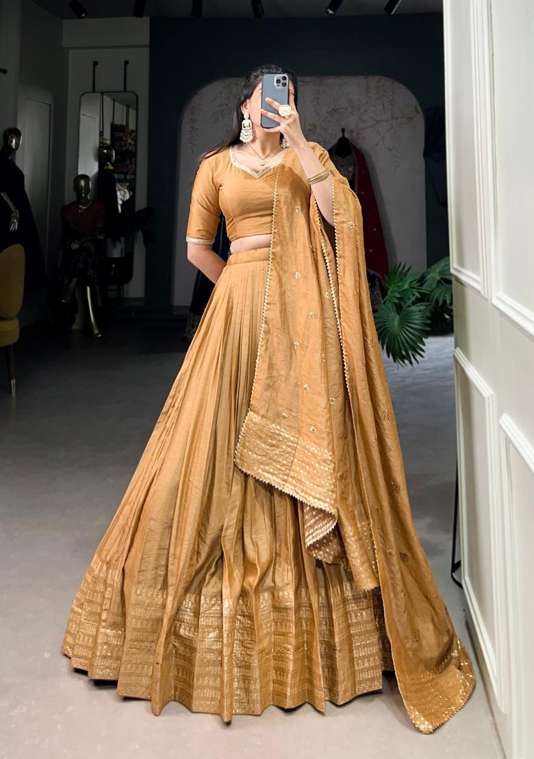 Mustard Zari Work Cotton Lehenga Set - Indya