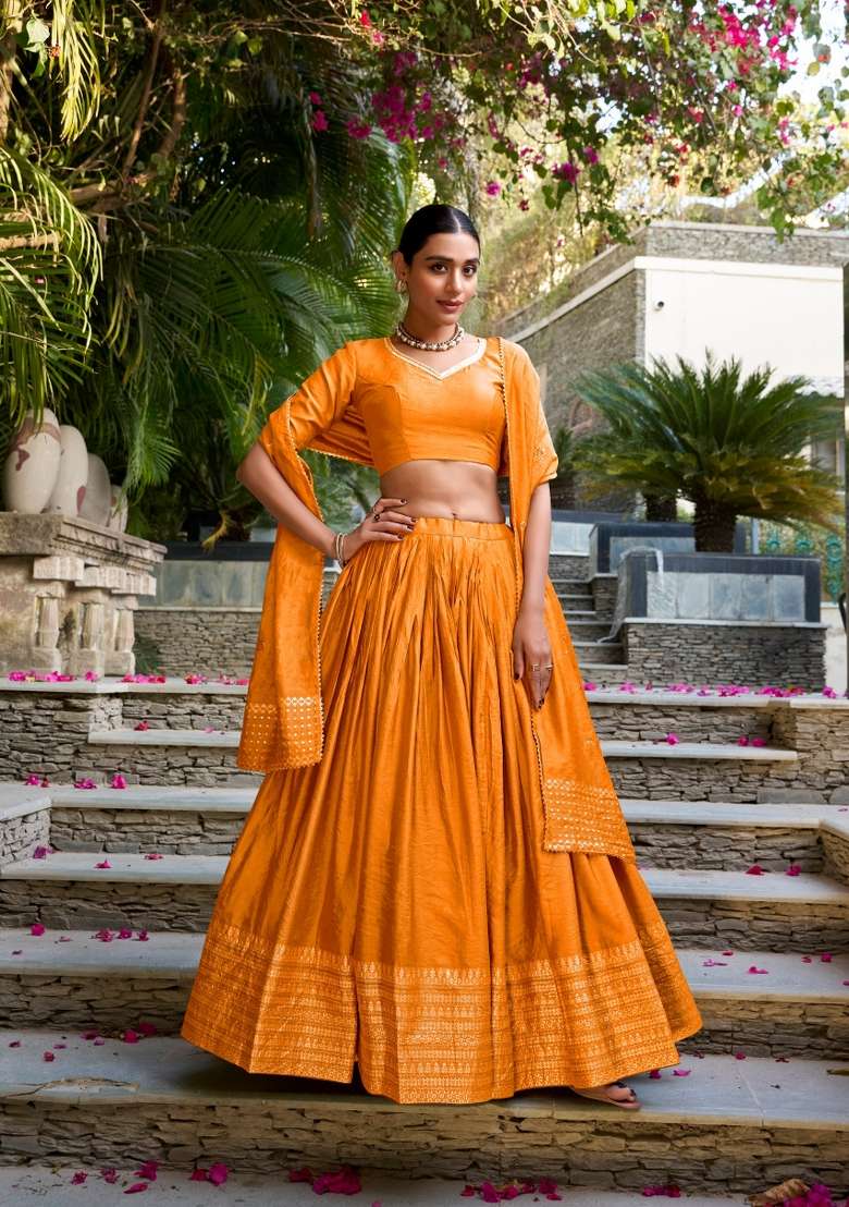 Orange Zari Work Cotton Lehenga Set for Diwali and Festive Wear - Indya