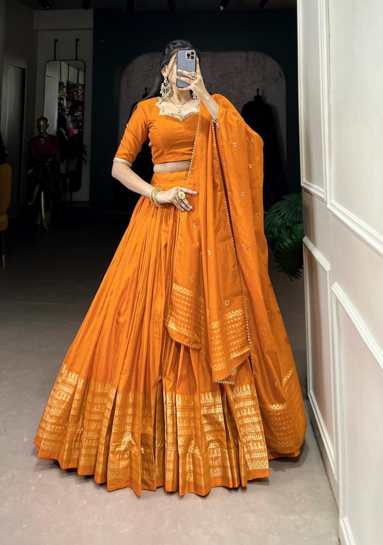Orange Zari Work Cotton Lehenga Set - Indya