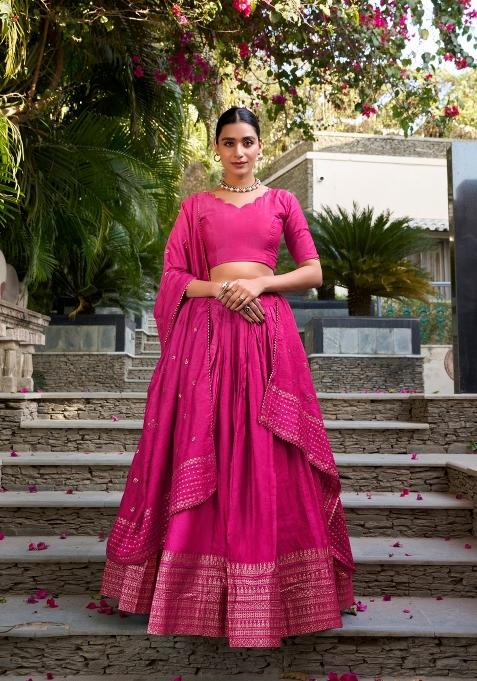 Pink Zari Work Cotton Lehenga Set