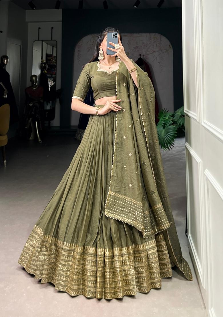 Pista Zari Work Cotton Lehenga Set - Indya