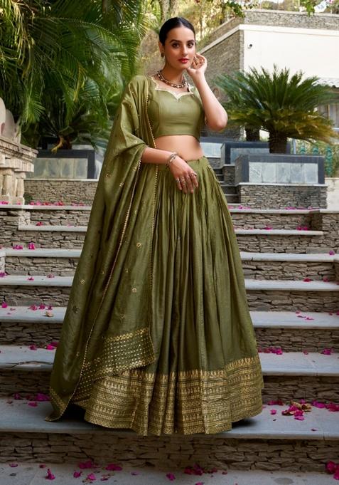Pista Zari Work Cotton Lehenga Set