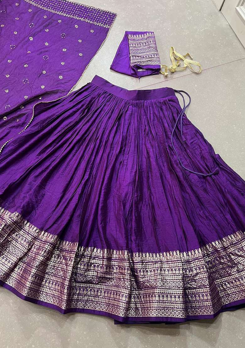 Purple Zari Work Cotton Lehenga Set for Diwali and Festive Wear - Indya