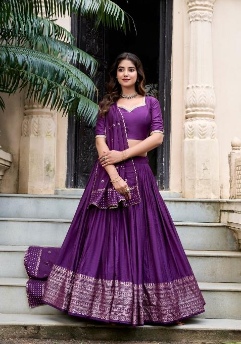 Purple Zari Work Cotton Lehenga Set
