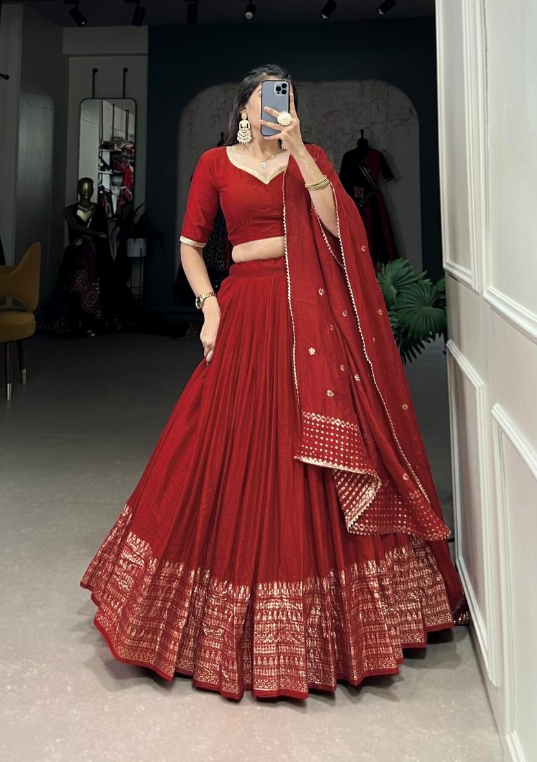 Red Zari Work Cotton Lehenga Set - Indya