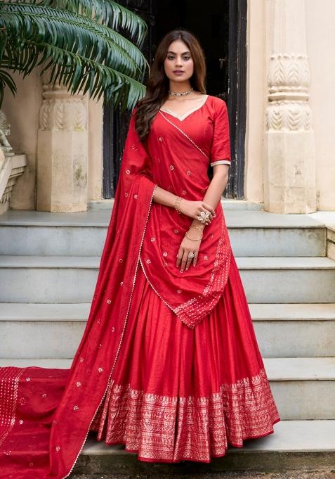 Red Zari Work Cotton Lehenga Set