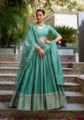 Sea Green Zari Work Cotton Lehenga Set