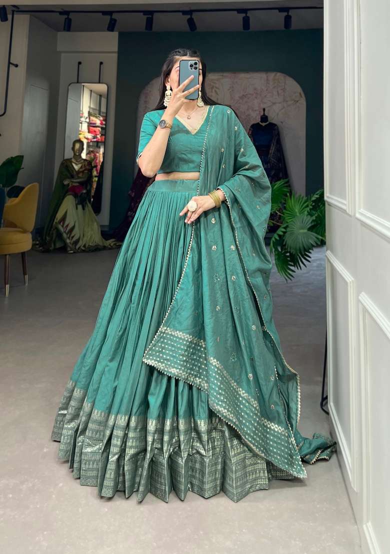 Sea Green Cotton Lehenga Set with Zari Work for Diwali | Wedding & Festive Wear - Indya