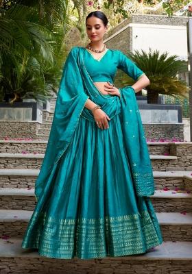 Sky Blue Zari Work Cotton Lehenga Set