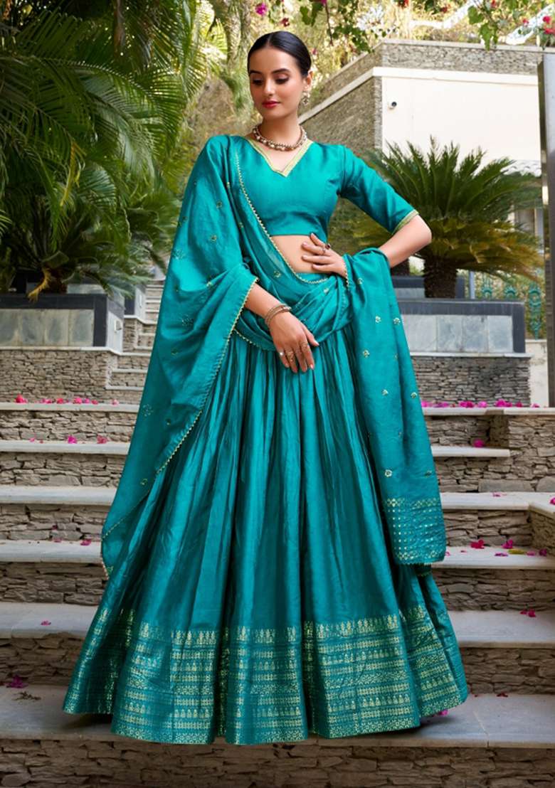 Sky Blue Zari Work Cotton Lehenga Set for Diwali and Festive Wear - Indya