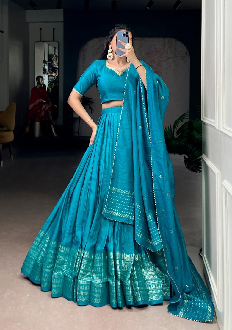 Sky Blue Zari Work Cotton Lehenga Set - Indya