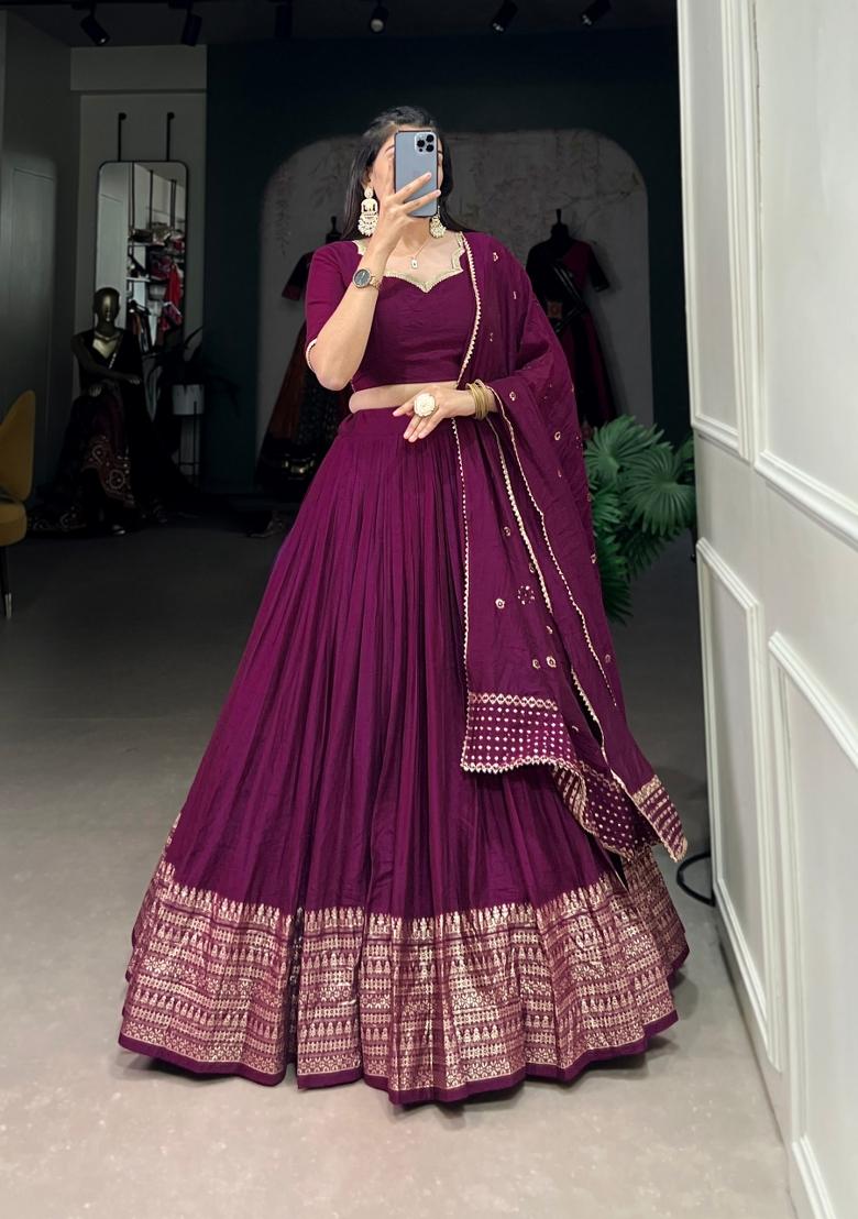 Wine Zari Work Cotton Lehenga Set - Indya