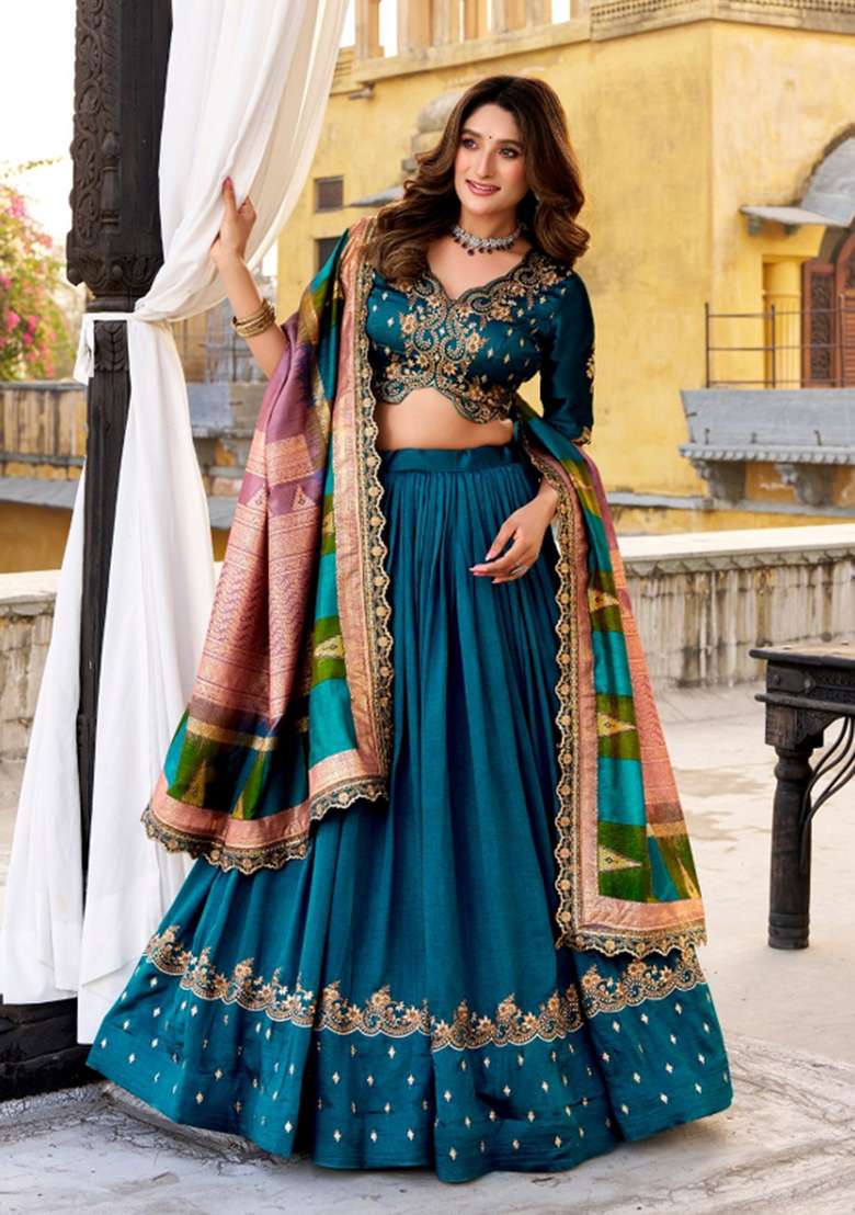 Firozi Embroidered Silk Blend Lehenga Set for Diwali and Festive Wear - Indya
