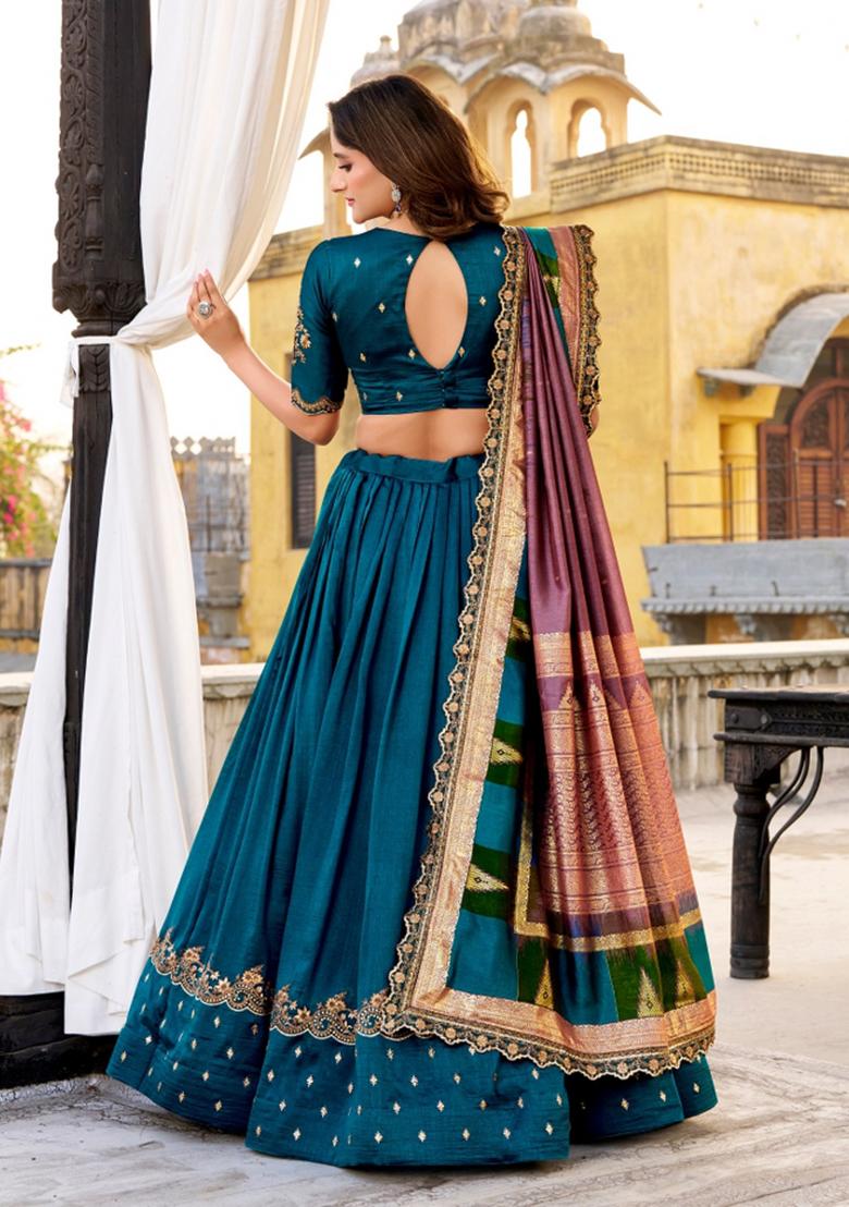 Firozi Embroidered Silk Blend Lehenga Set - Indya