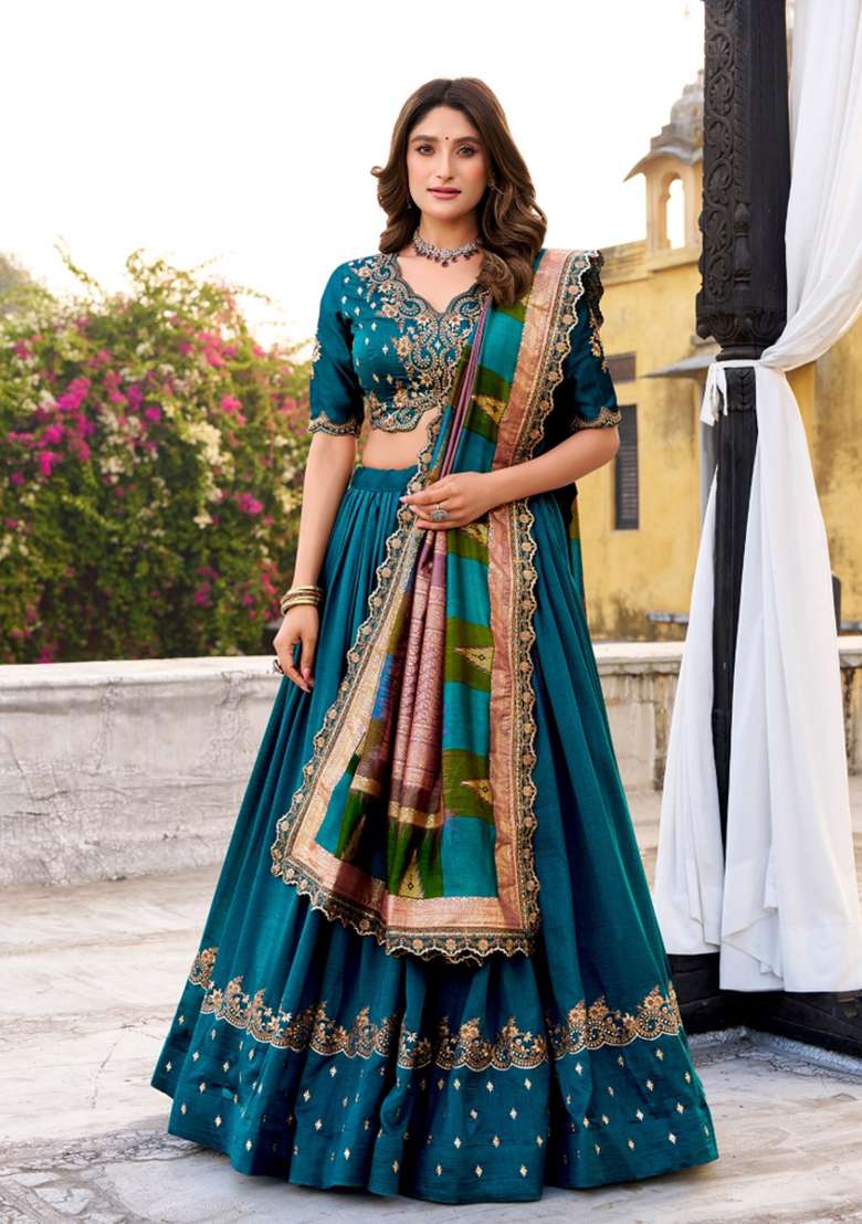 Firozi Embroidered Silk Blend Lehenga Set for Diwali and Festive Wear - Indya