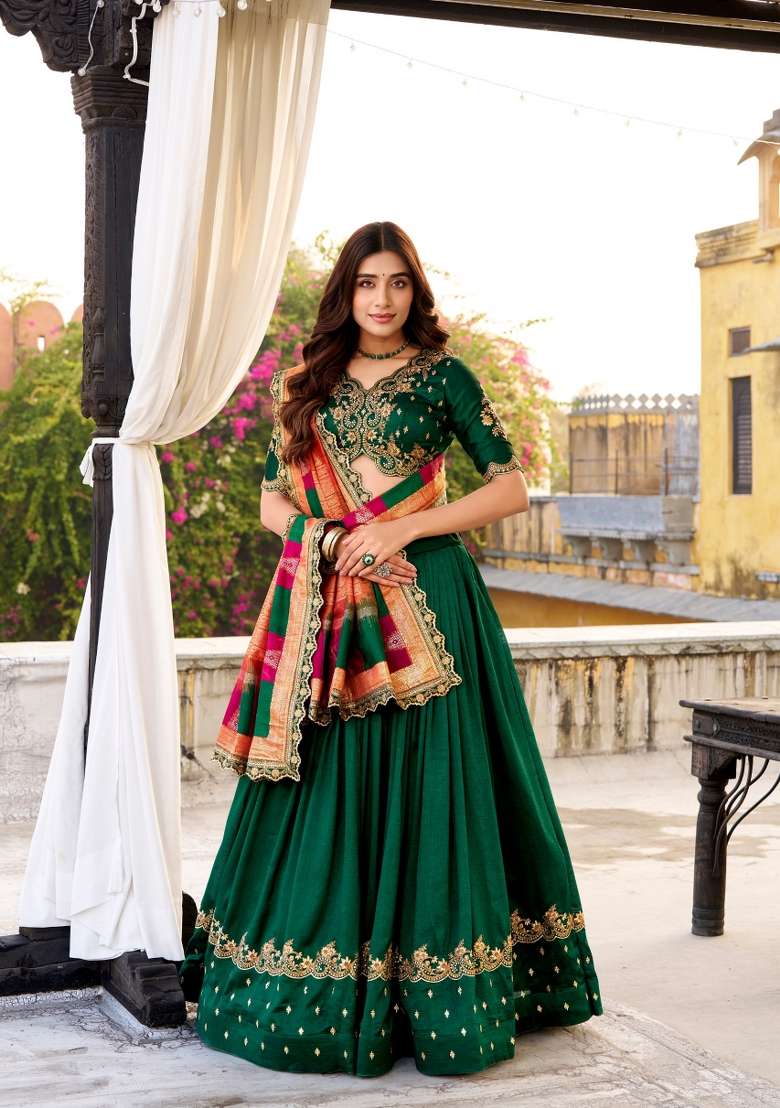 Green Embroidered Silk Blend Lehenga Set for Diwali and Festive Wear - Indya