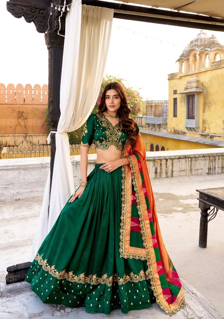 Green Embroidered Silk Blend Lehenga Set for Diwali and Festive Wear - Indya