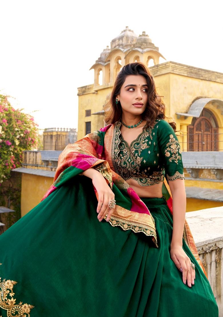 Green Embroidered Silk Blend Lehenga Set - Indya