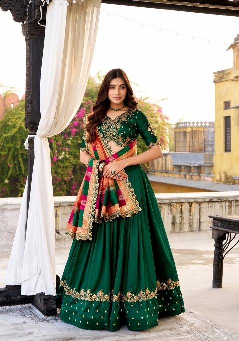 Green Embroidered Silk Blend Lehenga Set