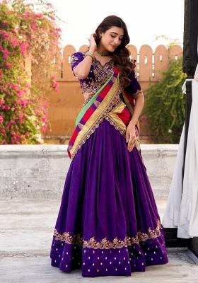 Purple Embroidered Silk Blend Lehenga Set