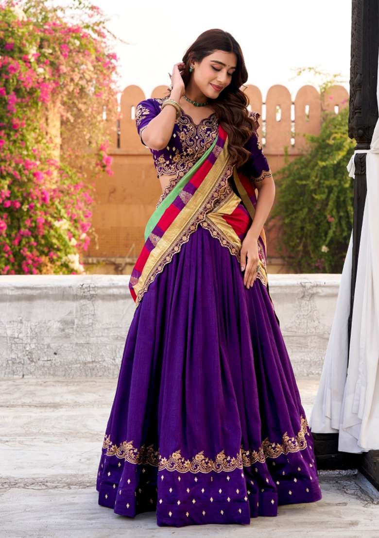 Purple Silk Blend Lehenga Set with Embroidered for Diwali | Wedding & Festive Wear - Indya